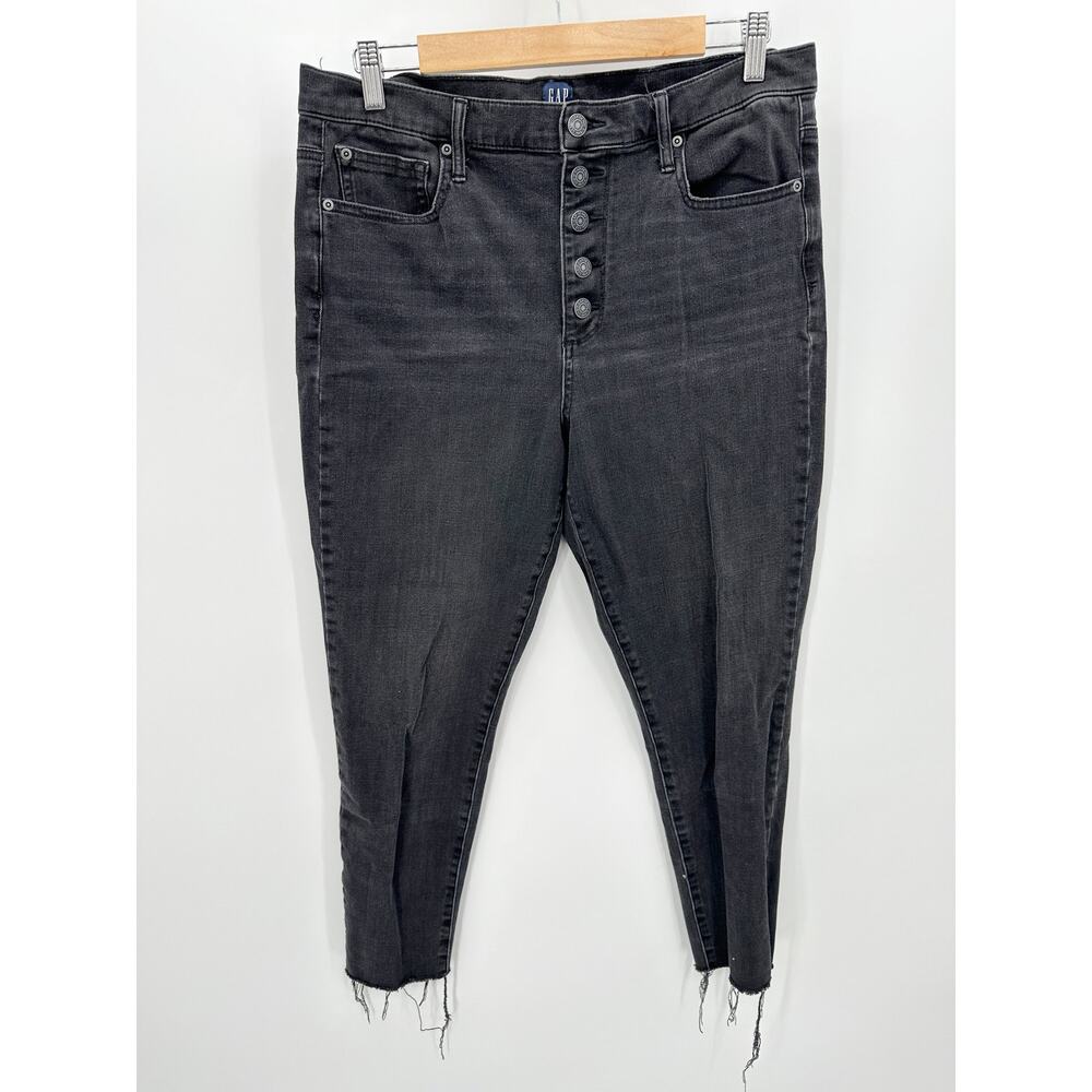 GAP Jeans Women 32 Black Denim True Skinny‎ Button Fly Raw Hem Cotton Blend